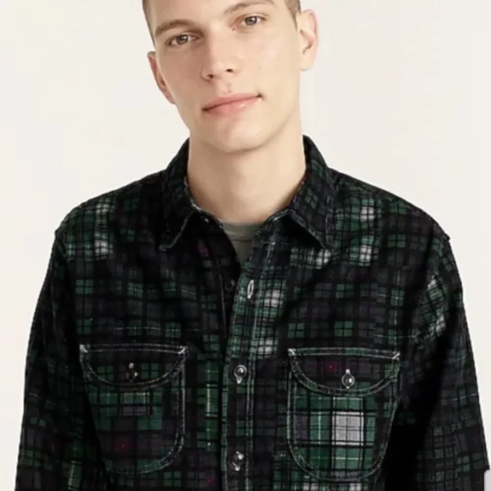 J. Crew Garment Dyed Corduroy Workshirt Large blue green plaid shirt shacket‎